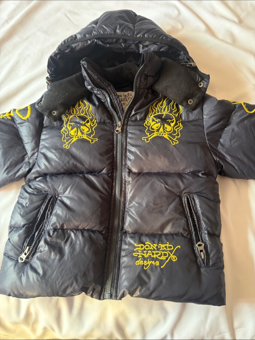 Ed Hardy Kids Black Puffer Jacket with Yellow Skull Flame Graphics